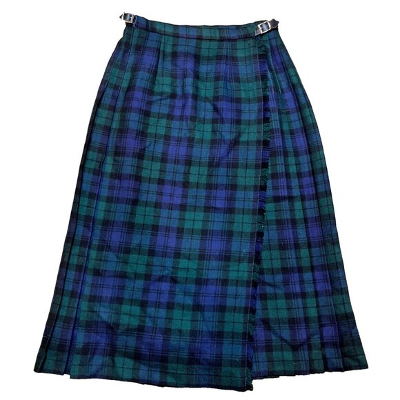 VTG Blarney Woollen Mills Kilt Skirt Blue Green Plaid Tartan Irish Wool Pleated - Picture 1 of 11